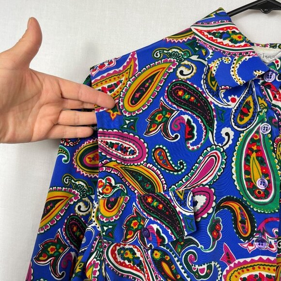 Vintage Schrader Long Sleeve Pleated Midi Dress Womens 14 Paisley Secretary 70s - Picture 3 of 16
